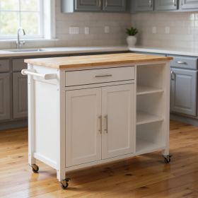 White and Natural 42" Rolling Kitchen Cart With Storage
